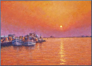 Opera portata alla mostra Pittori in laguna - Claudio Bonanni - laguna di Grado al tramonto - olio su faesite - cm 40x55